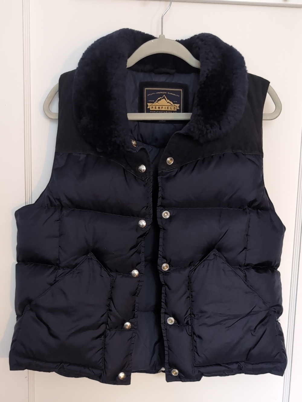Penfield Navy Quilted Puffer Vest with Plush Shearling Collar And Suede Yoke